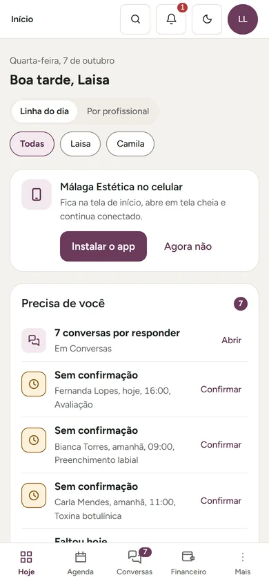 Tela de início no celular com o cartão Málaga Estética no celular e o botão Instalar o app