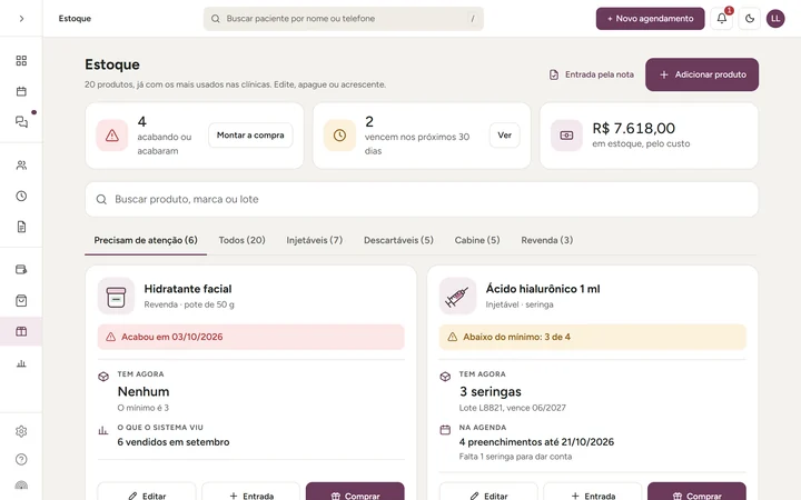 Tela do estoque: o que acabou ou está abaixo do mínimo, o que vence em 30 dias e o valor em estoque, com cada produto, lote e o que a agenda vai usar