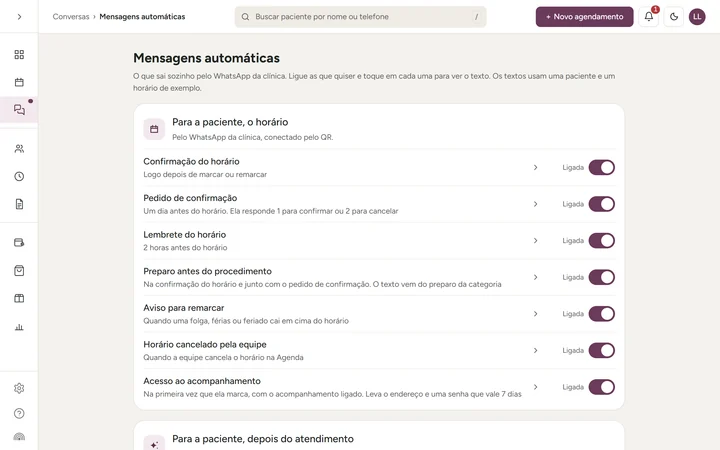 Tela de mensagens automáticas, com a confirmação do horário, o pedido de confirmação um dia antes, o lembrete duas horas antes e as mensagens que a clínica pode ligar