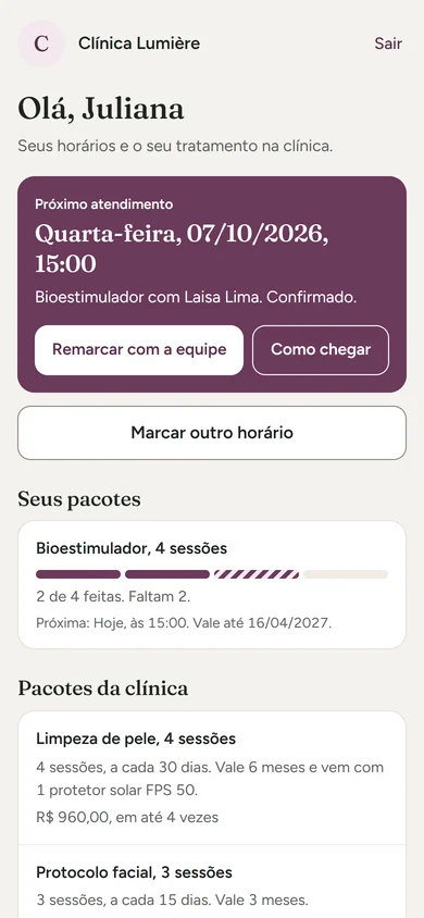 Página da paciente no celular: o próximo atendimento com os botões de remarcar e como chegar, e o pacote dela com 2 de 4 sessões feitas