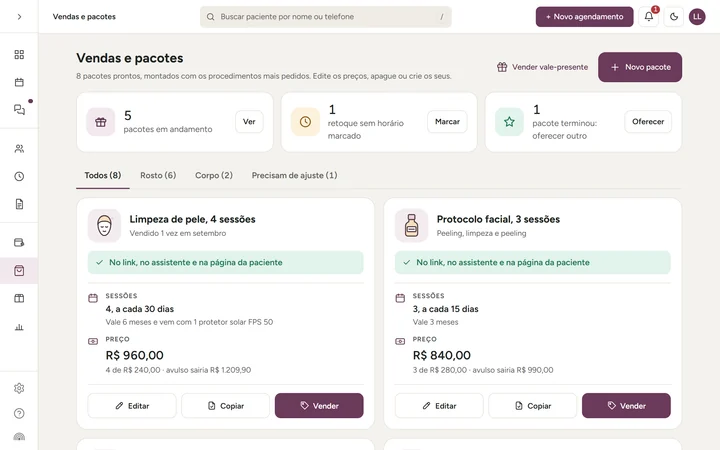 Tela de vendas e pacotes: os pacotes à venda, com sessões, validade, preço em vezes e onde cada um aparece para a paciente